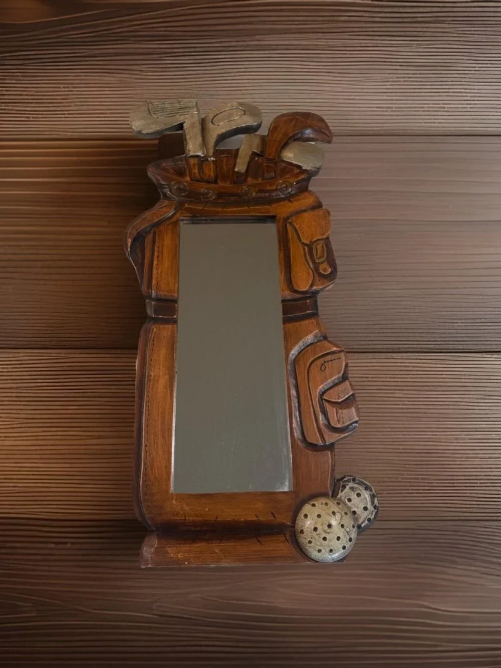 Vintage Wood Golf Bag carved Wall Mirror Decor Clubs And Balls Folk Art Style